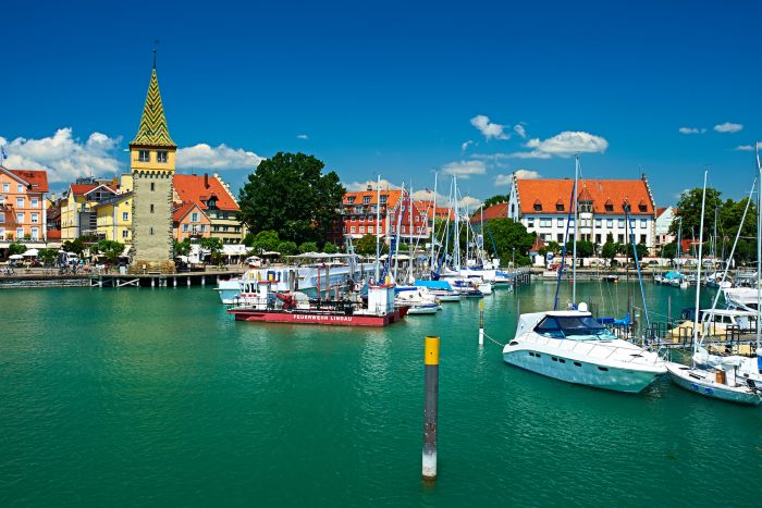 LINDAU, GERMANY - JUNE 11: Boats at port of Lindau harbour, Lake Constance, Bavaria, June 11 2014 in Lindau, Germany