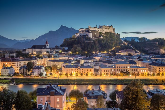 Historic city of Salzburg with Hohensalzburg Fortress at dusk Salzburger Land Austria