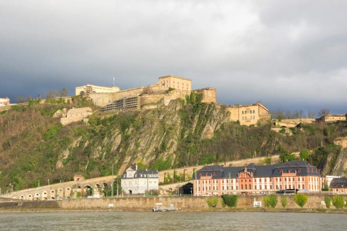 Fortress Ehrenbreitstein as seen from Koblenz, a city situated on both banks of the Rhine at its confluence with the Moselle, Germany